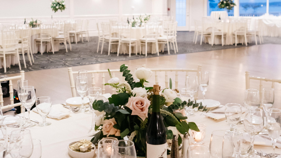 The Grand Ballroom set for a wedding reception at Amarante's Sea Cliff in New Haven, CT