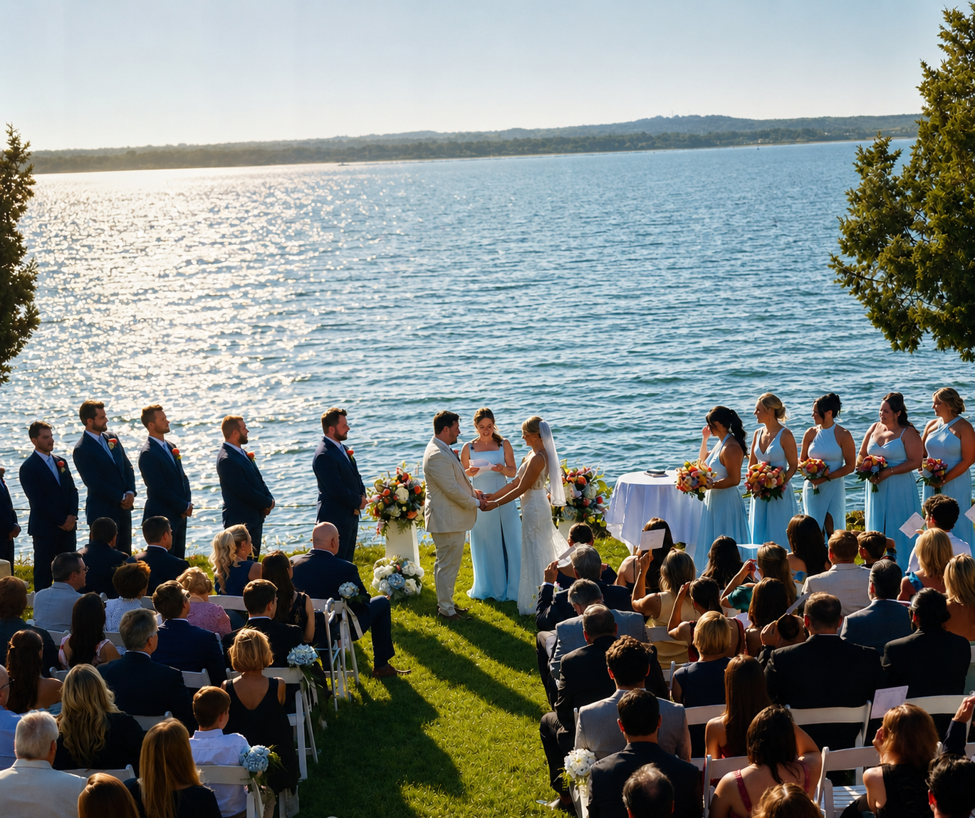 Waterfront wedding ceremony beside Morris Cove at Amarante’s Sea Cliff