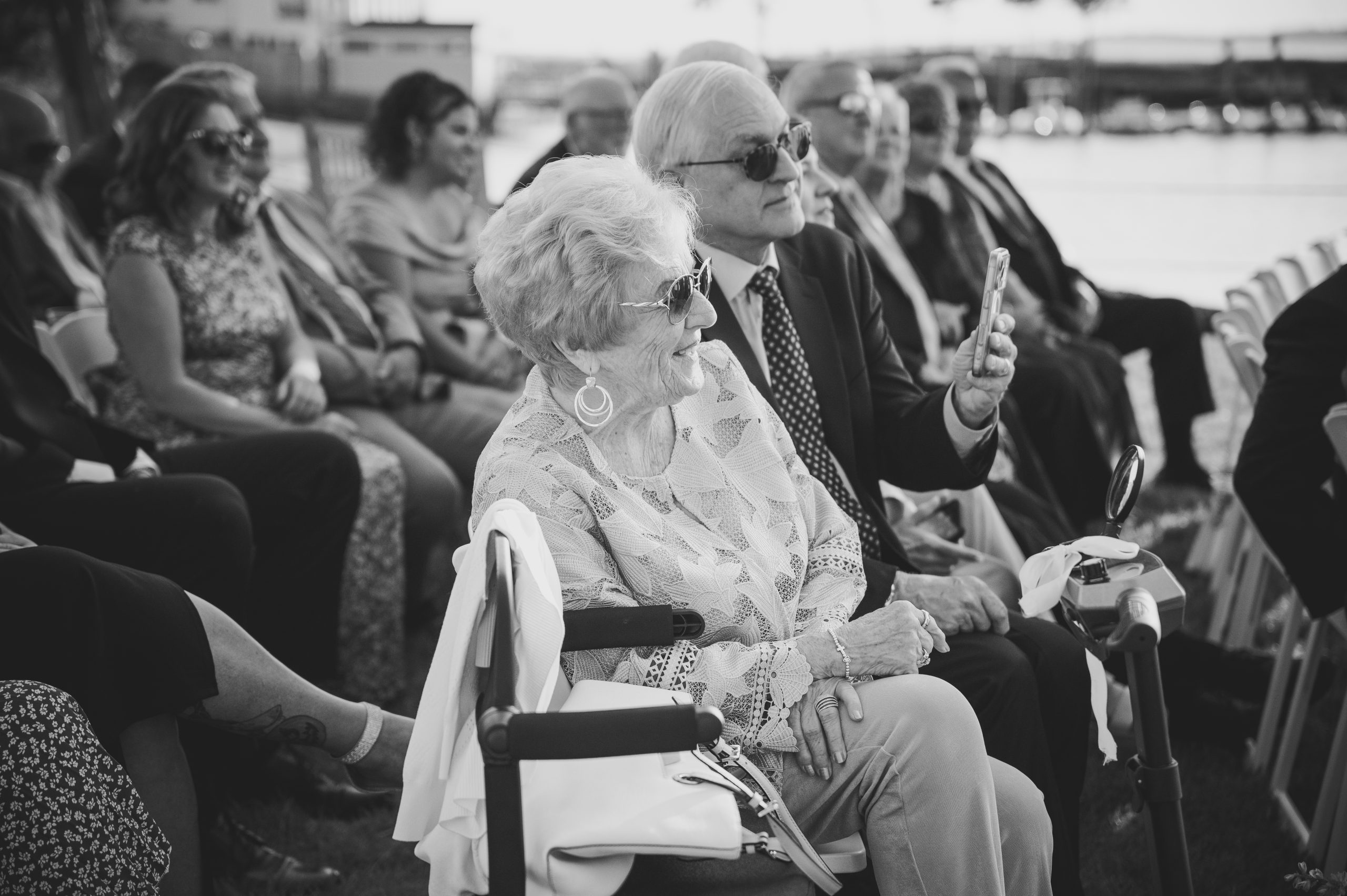 Guests attending an outdoor waterfront celebration at Amarante’s Sea Cliff in New Haven, Connecticut